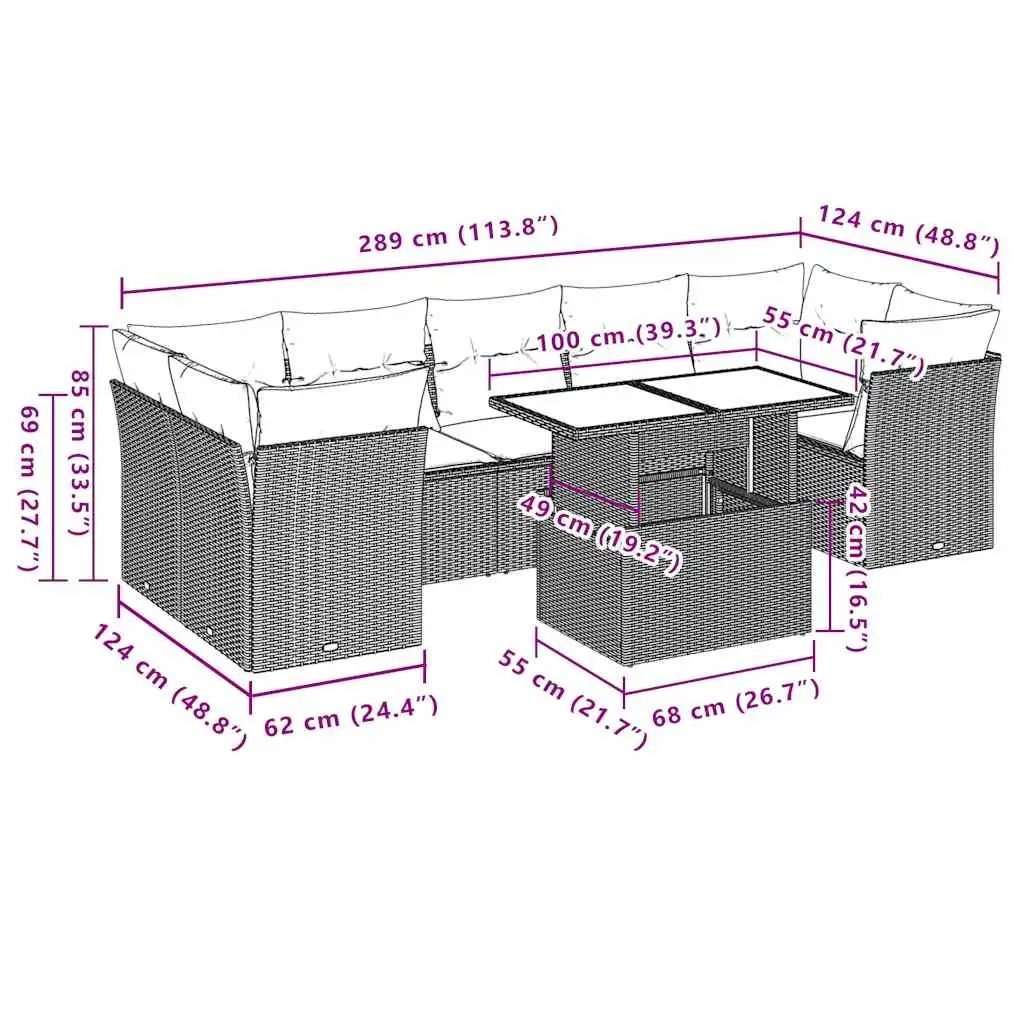 8 Piece Garden Sofa Set Modular Black Rattan Outdoor Furniture with Cushions and Adjustable Tabletop