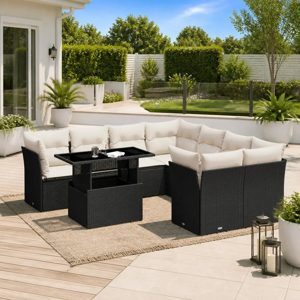 9 Piece Garden Sofa Set PE Rattan Outdoor Furniture with Cushions Black