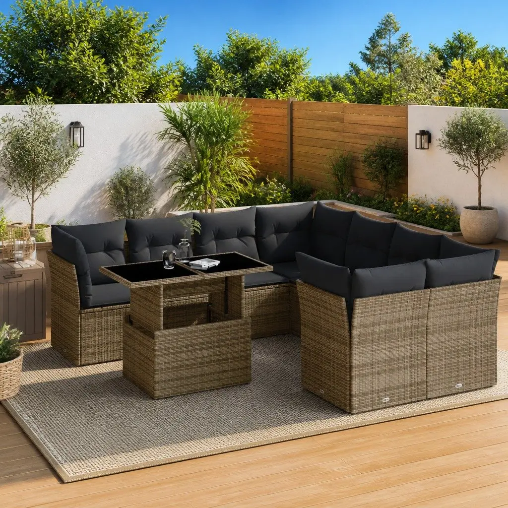 Garden Sofa Set 9 Piece Outdoor Patio Furniture Grey Poly Rattan with Cushions