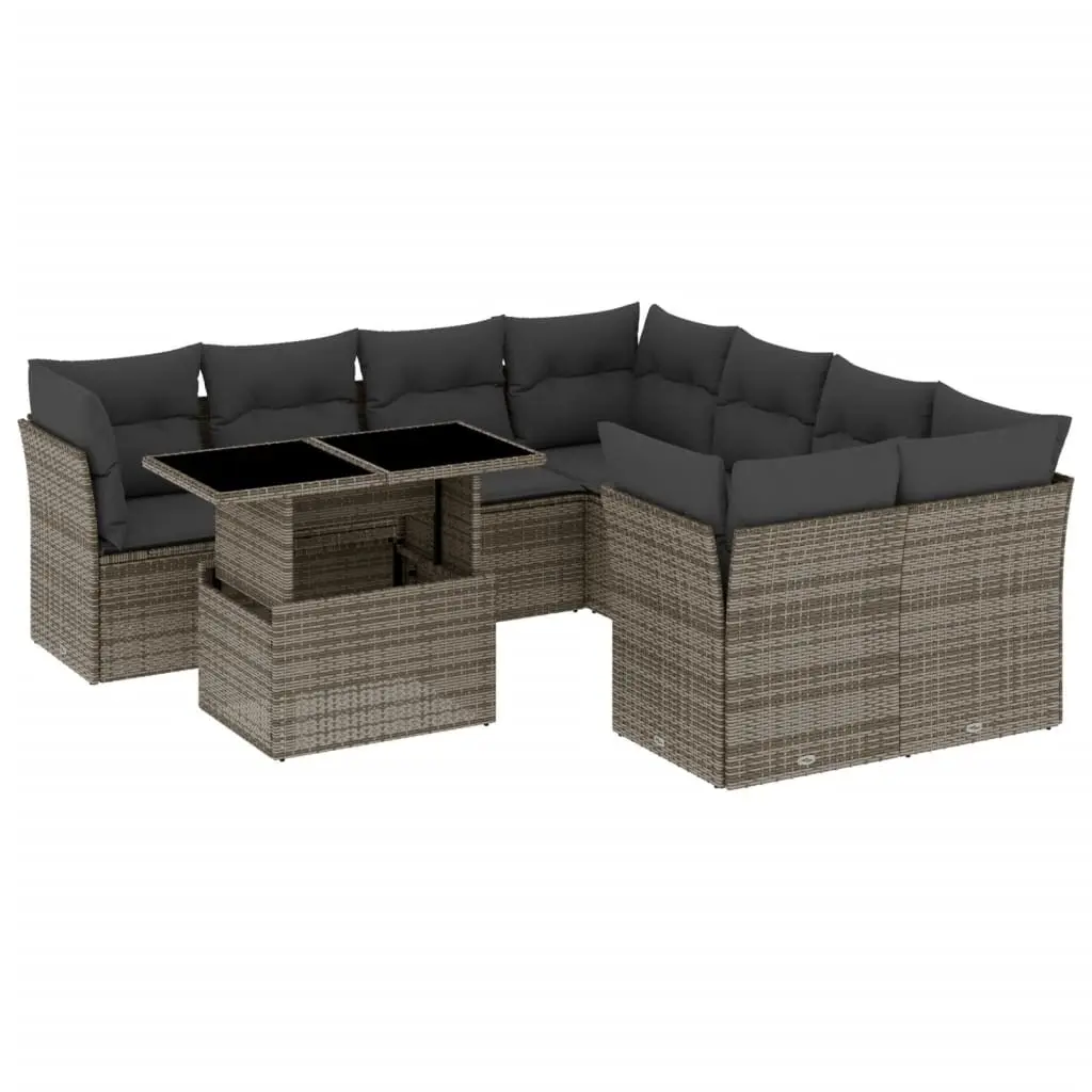Garden Sofa Set 9 Piece Outdoor Patio Furniture Grey Poly Rattan with Cushions