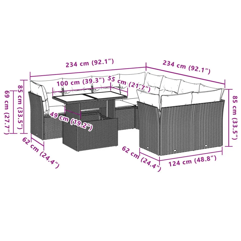 Garden Sofa Set 9 Piece Outdoor Patio Furniture Grey Poly Rattan with Cushions