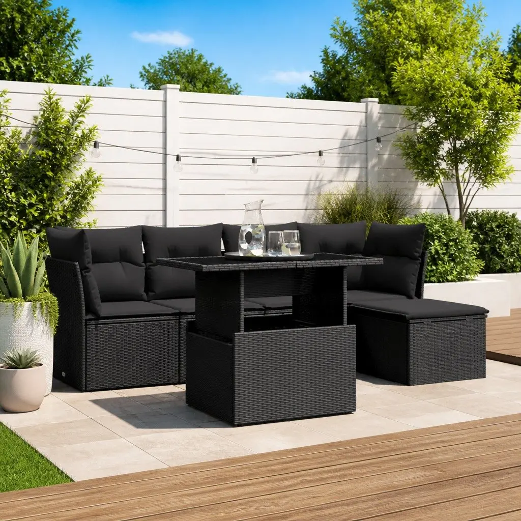 6 Piece Outdoor Furniture Garden Sofa Set Black PE Rattan with Cushions