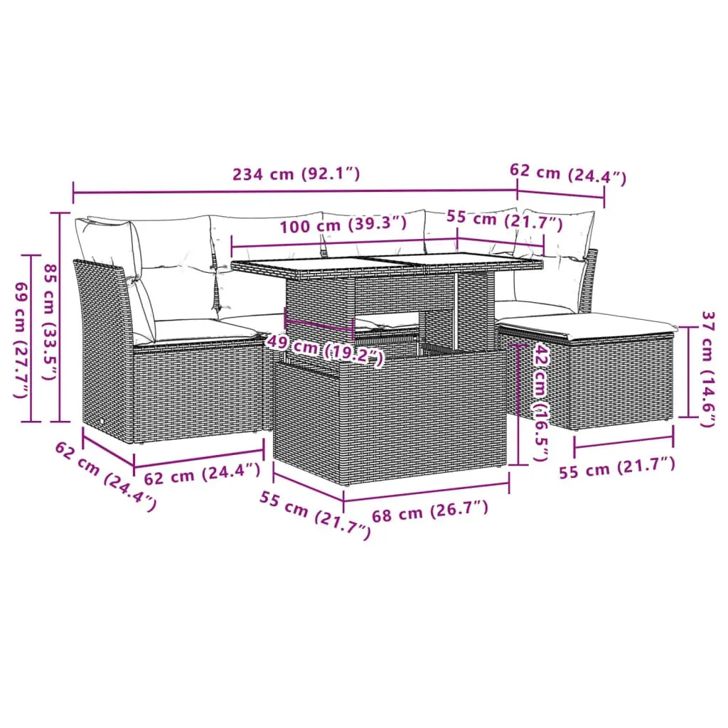 6 Piece Outdoor Furniture Garden Sofa Set Black PE Rattan with Cushions