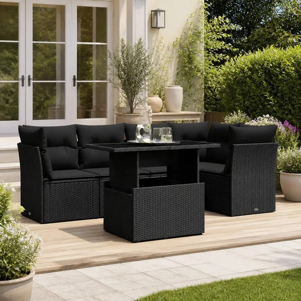 6 Piece Outdoor Garden Sofa Set PE Rattan Black with Cushions