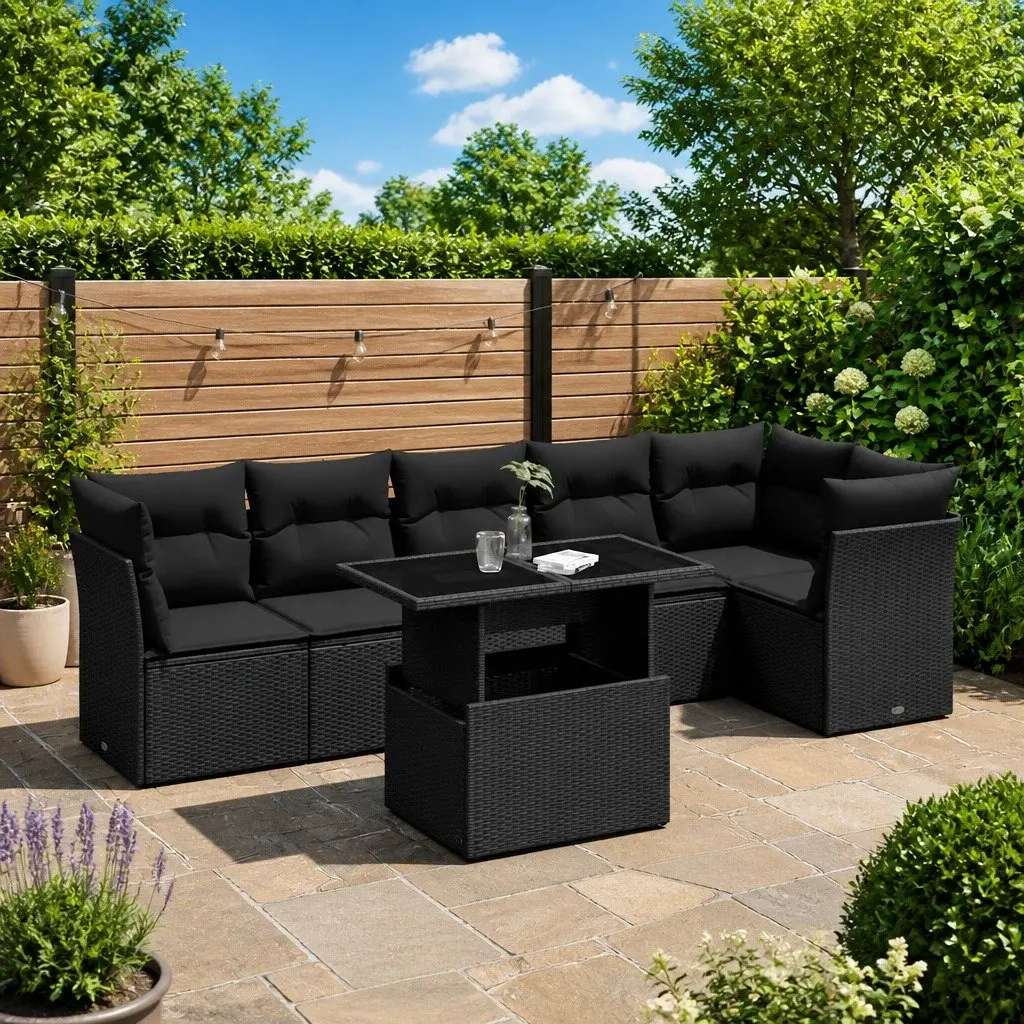 7 Piece Garden Sofa Set PE Rattan Cushioned Outdoor Furniture Modular Black
