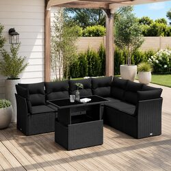 7 Piece Garden Sofa Set Outdoor Patio Furniture Black Poly Rattan with Cushions