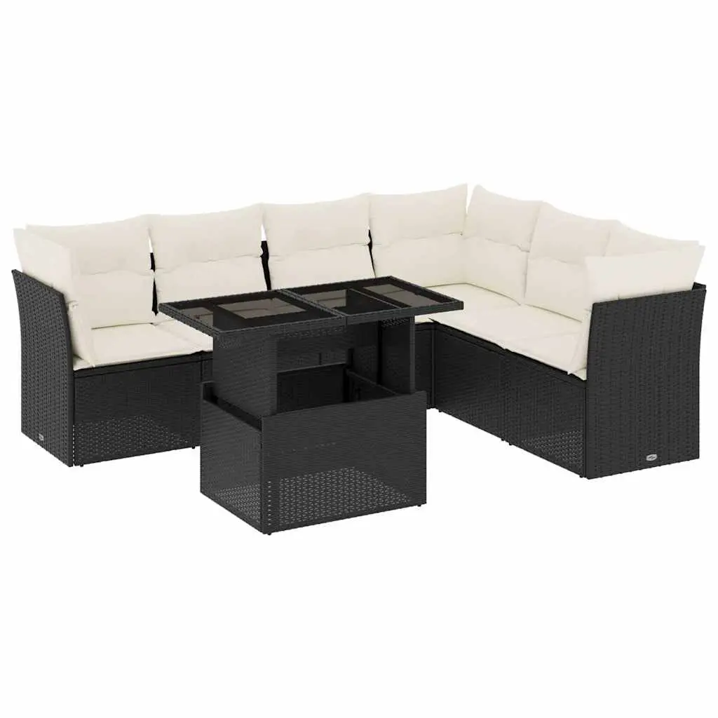 7 Piece Garden Sofa Set Modular PE Rattan Outdoor Furniture Black with Cushions