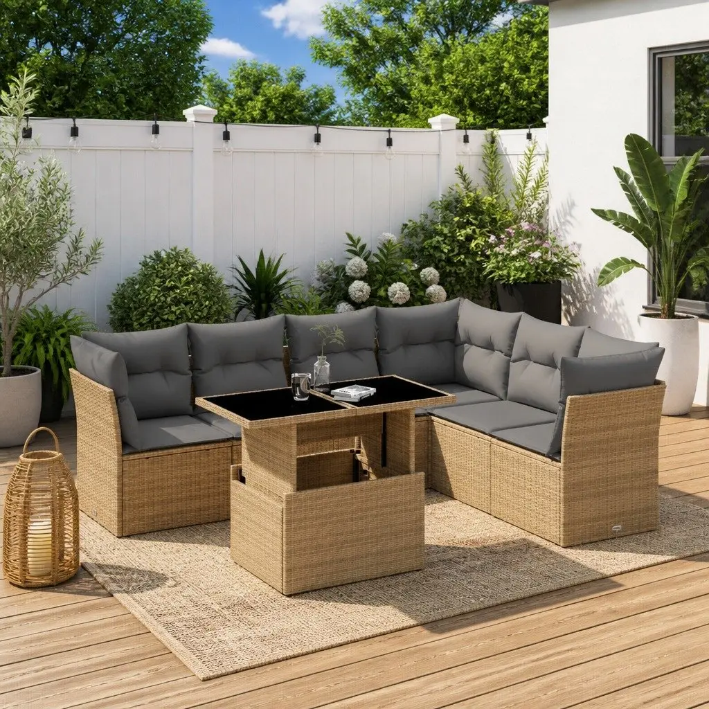 7 Piece Garden Sofa Set PE Rattan Beige Modular Outdoor Furniture