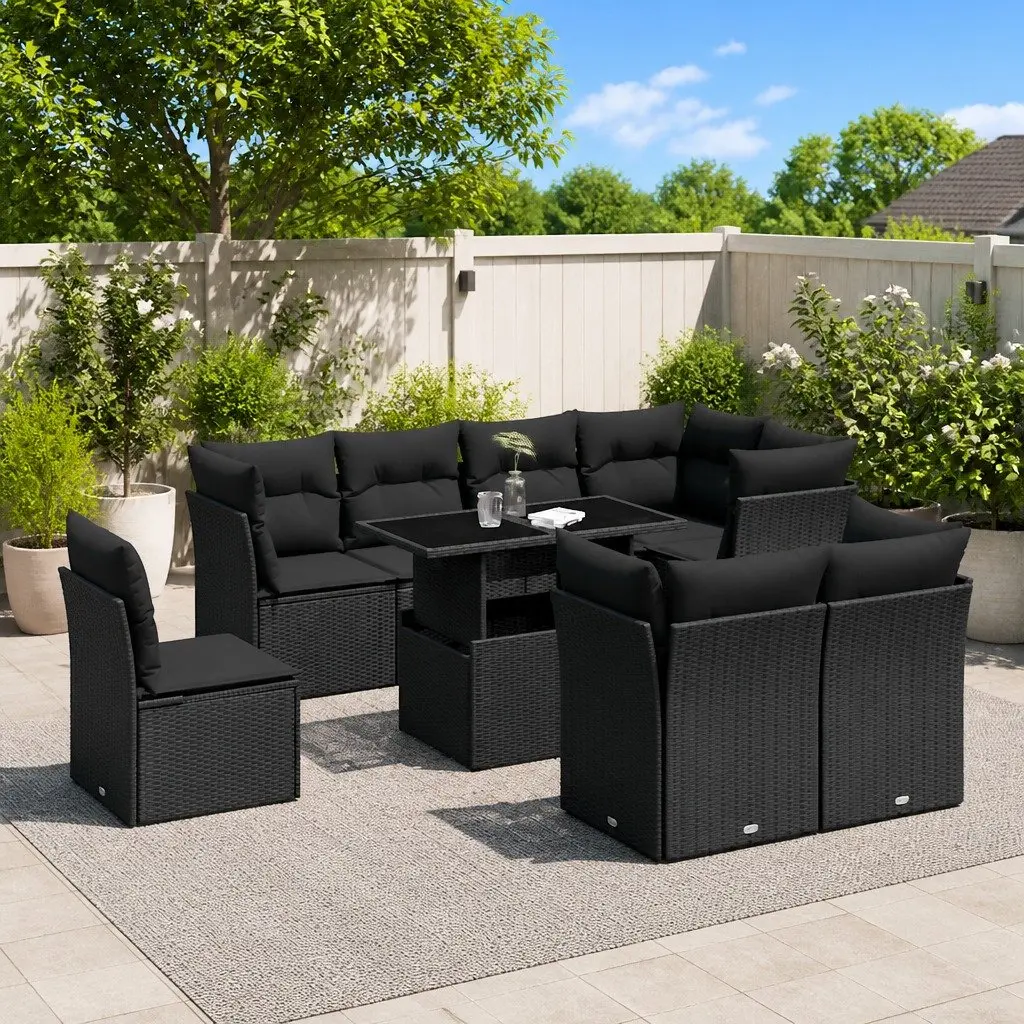 9 Piece Modular Garden Seating Set Outdoor Furniture with Cushions Black PE Rattan