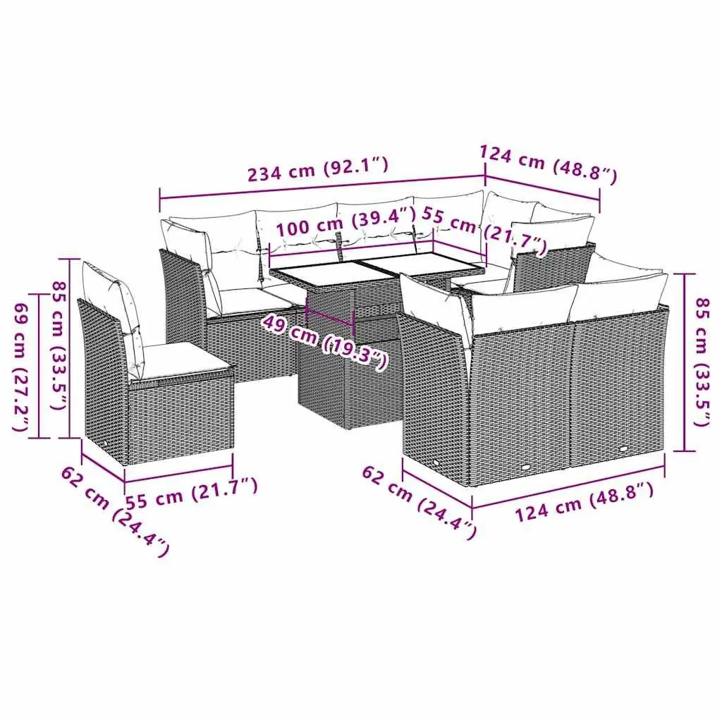 Garden Sofa Set 9 Piece Outdoor Furniture Patio Black Poly Rattan with Cushions