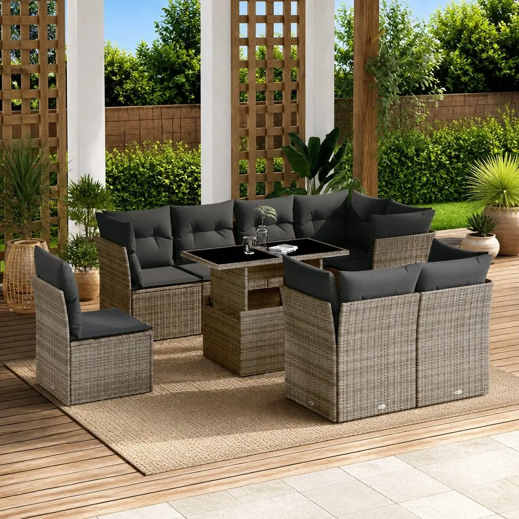 9 Piece Grey Poly Rattan Sofa Set for Outdoor Use