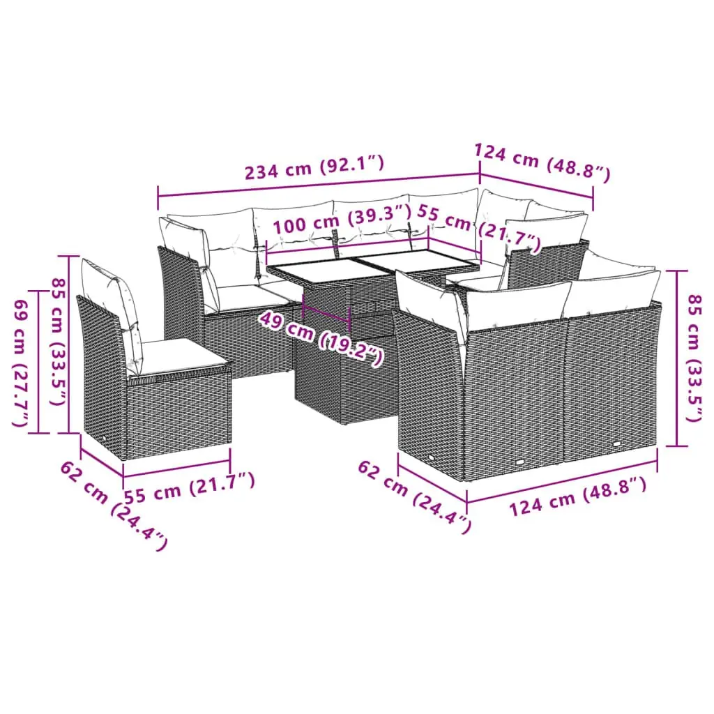 9 Piece Grey Poly Rattan Sofa Set for Outdoor Use