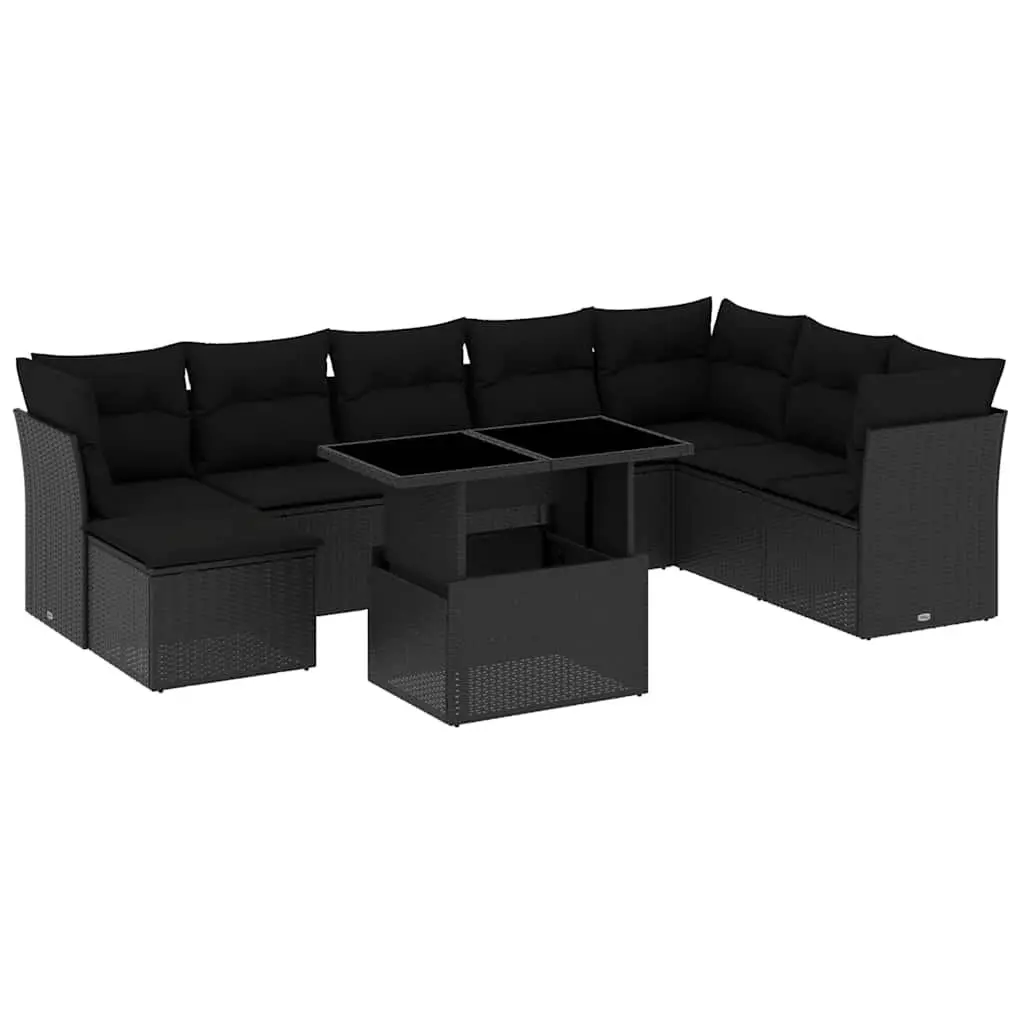 9 Piece Garden Sofa Set Black PE Rattan Outdoor Furniture with Cushions