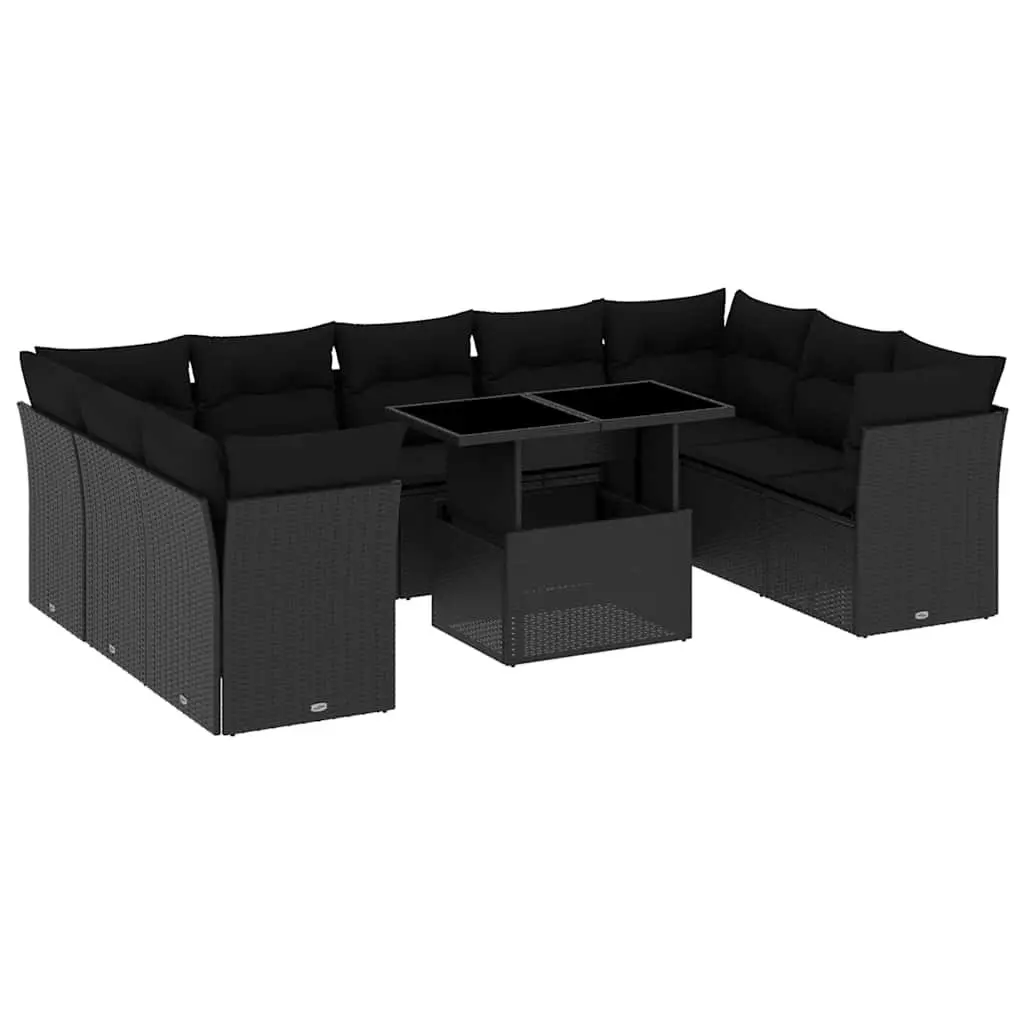 Garden Sofa Set 10 Piece Black Poly Rattan Outdoor Furniture with Cushions