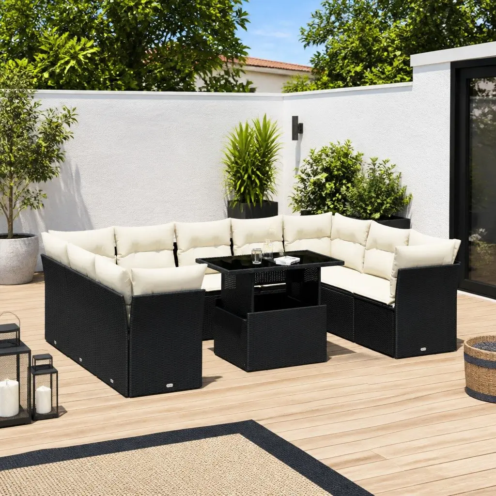 Garden Sofa Set PE Rattan 10 Piece Modular Outdoor Furniture Black