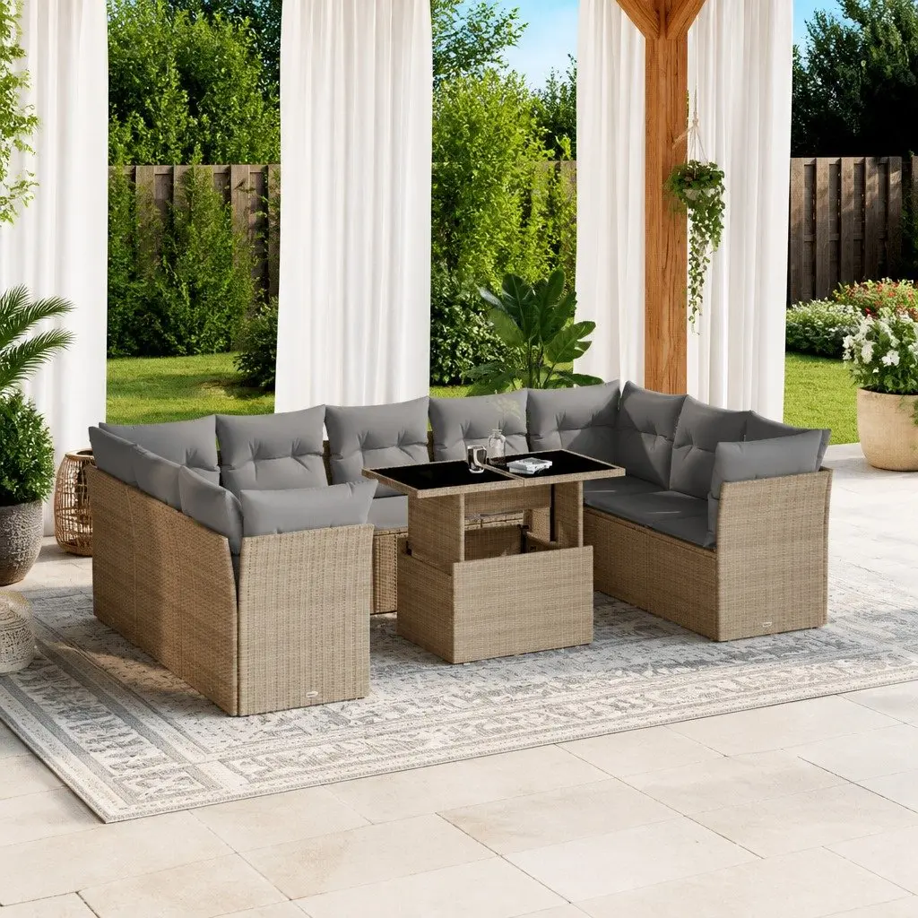 Garden Sofa Set 10 Piece Outdoor Furniture with Cushions Beige Poly Rattan Patio
