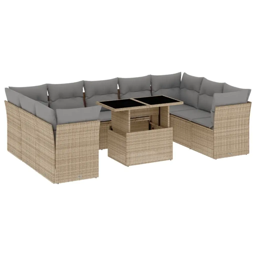 Garden Sofa Set 10 Piece Outdoor Furniture with Cushions Beige Poly Rattan Patio