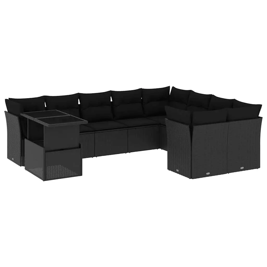 10 Piece Outdoor Garden Sofa Set PE Rattan Modular Black with Cushions