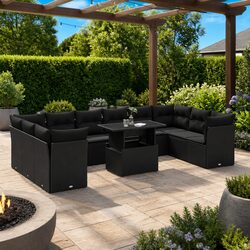 11 Piece Outdoor Garden Sofa Set Black Poly Rattan Patio Furniture with Cushions