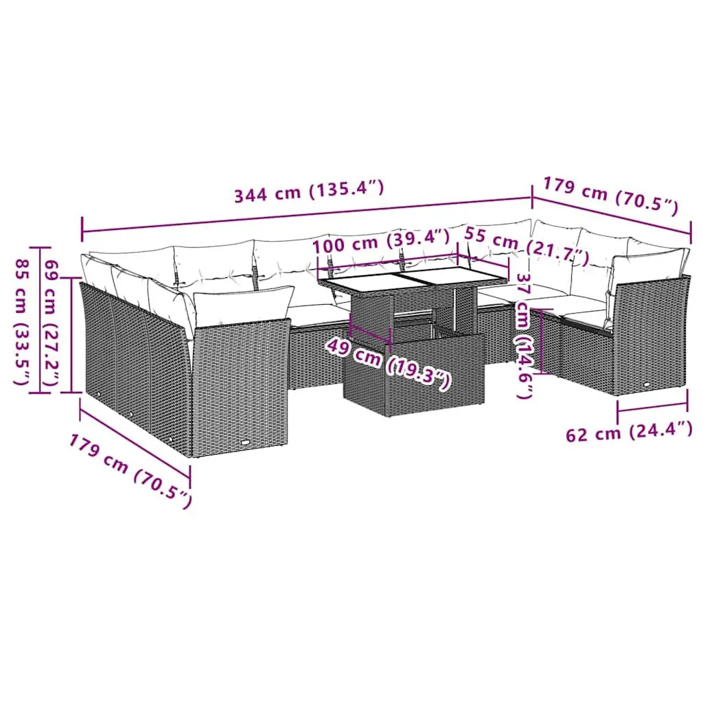 11 Piece Modular Outdoor Furniture Black PE Rattan Sofa Set with Adjustable Table and Cushions