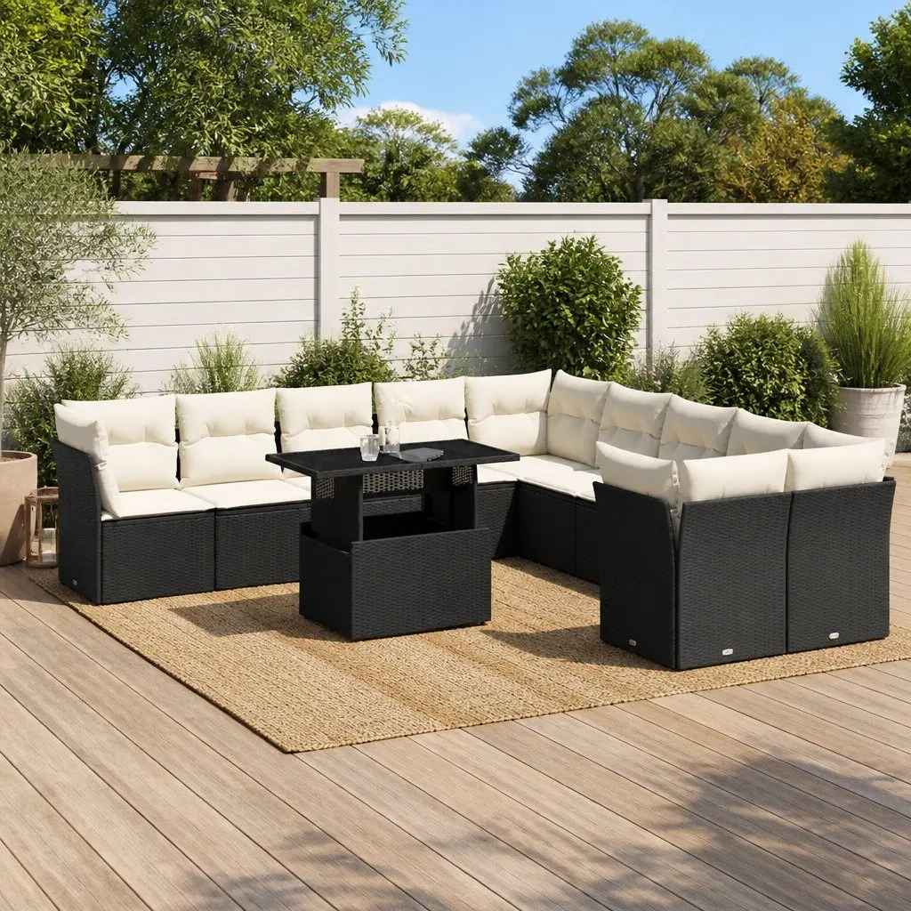 Garden Sofa Set 11 Piece Outdoor Furniture Black Poly Rattan Modular Patio