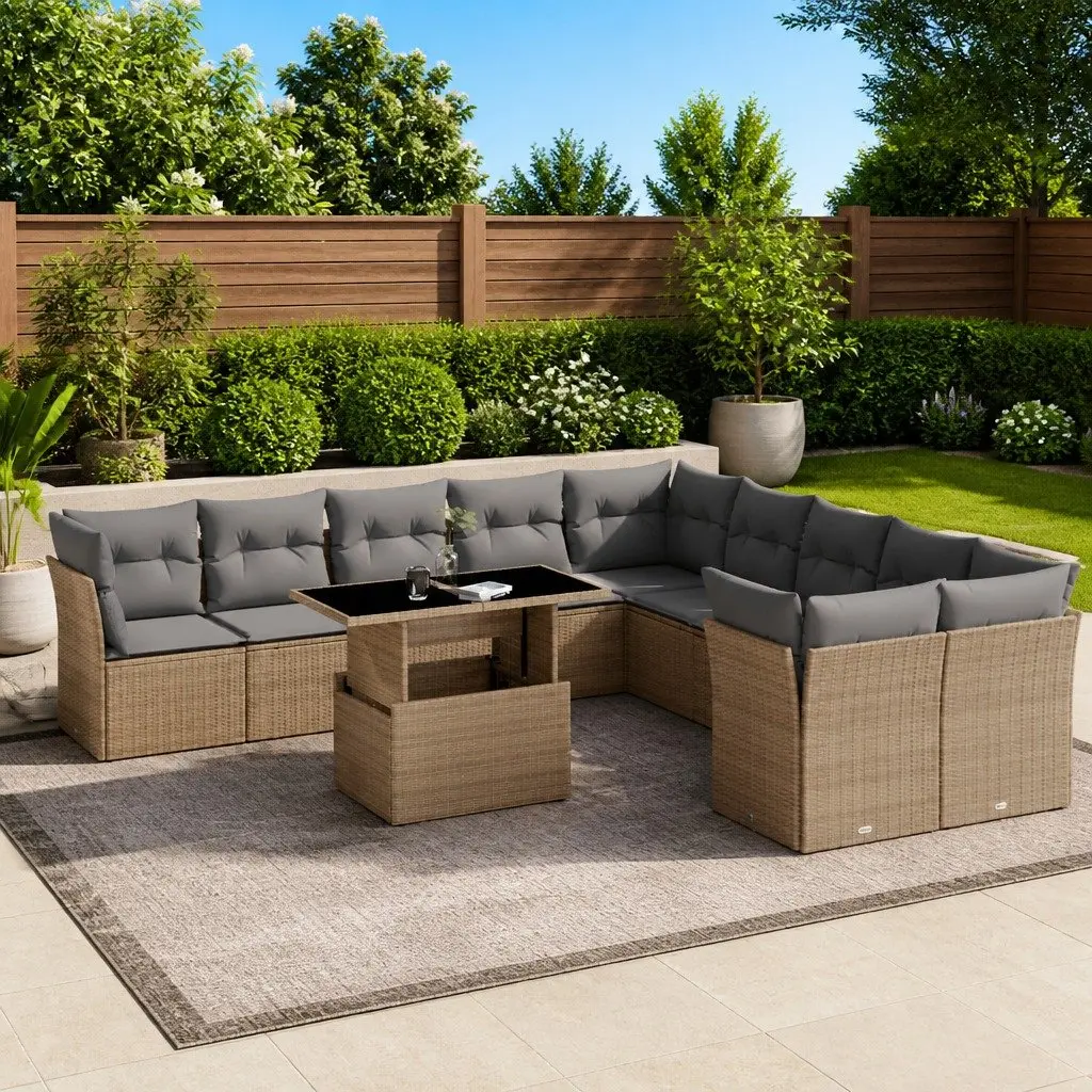 11 Piece Outdoor Garden Sofa Set Modular Beige PE Rattan Patio Furniture with Cushions