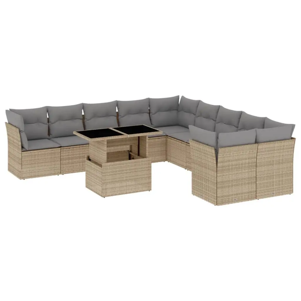 11 Piece Outdoor Garden Sofa Set Modular Beige PE Rattan Patio Furniture with Cushions