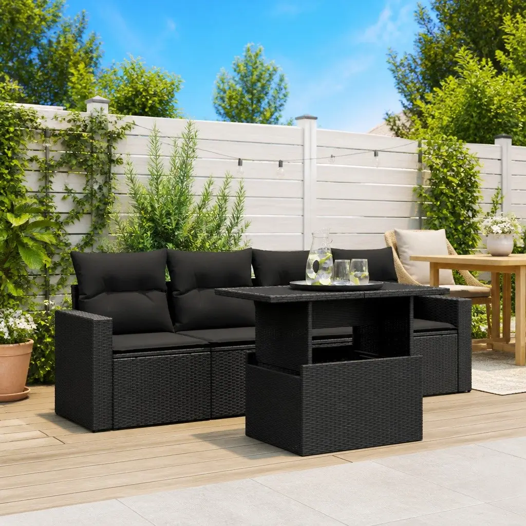 Garden Sofa Set Poly Rattan 5 Piece Black Outdoor Furniture