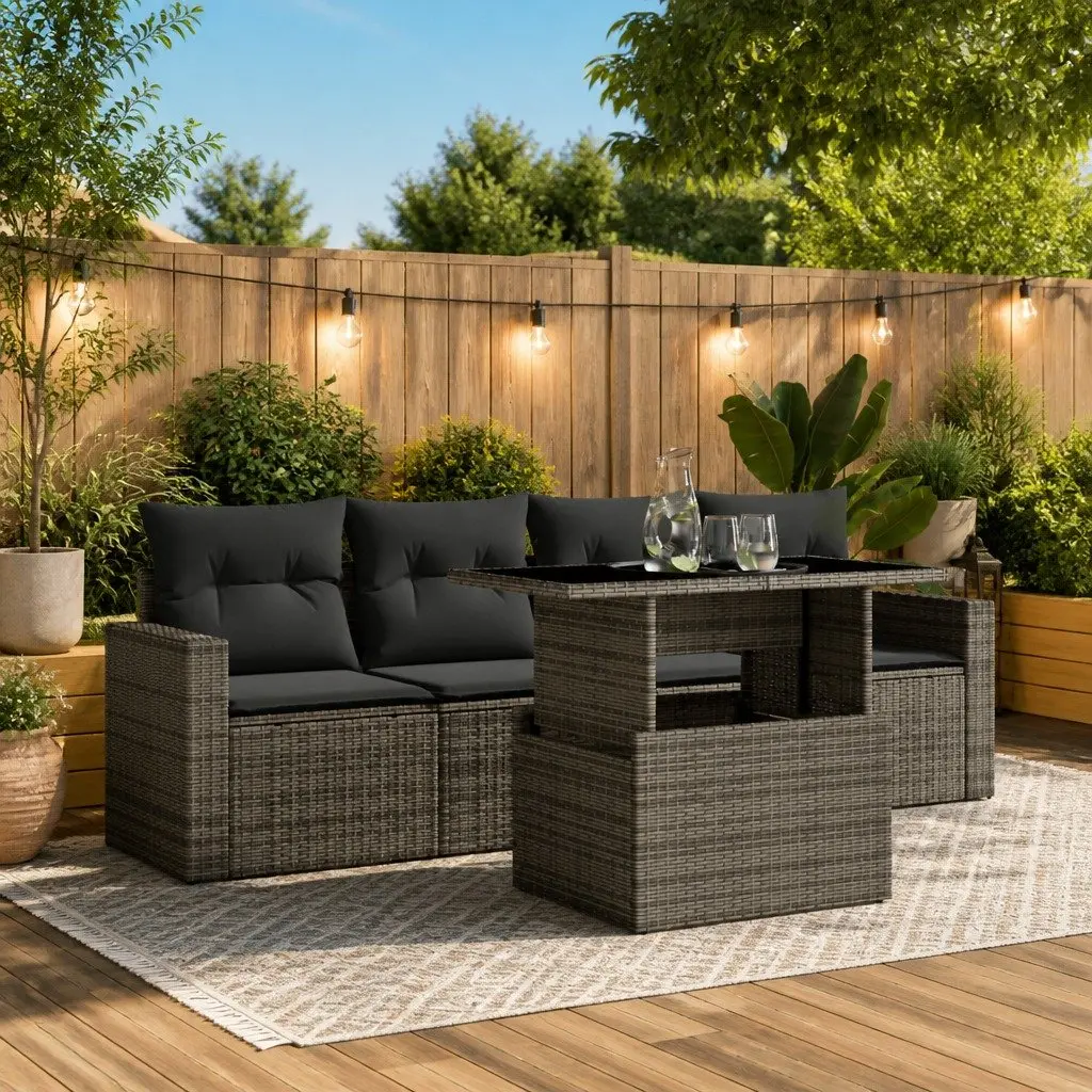 5 Piece Grey Outdoor Furniture Sofa Set Poly Rattan with Cushions Adjustable Table for Patio