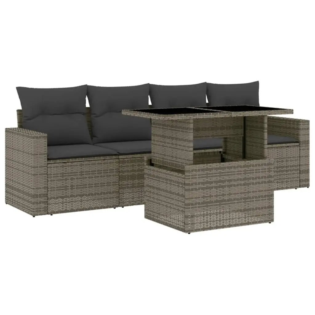 5 Piece Grey Outdoor Furniture Sofa Set Poly Rattan with Cushions Adjustable Table for Patio