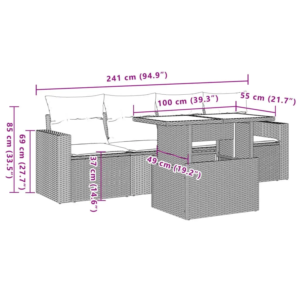 5 Piece Grey Outdoor Furniture Sofa Set Poly Rattan with Cushions Adjustable Table for Patio