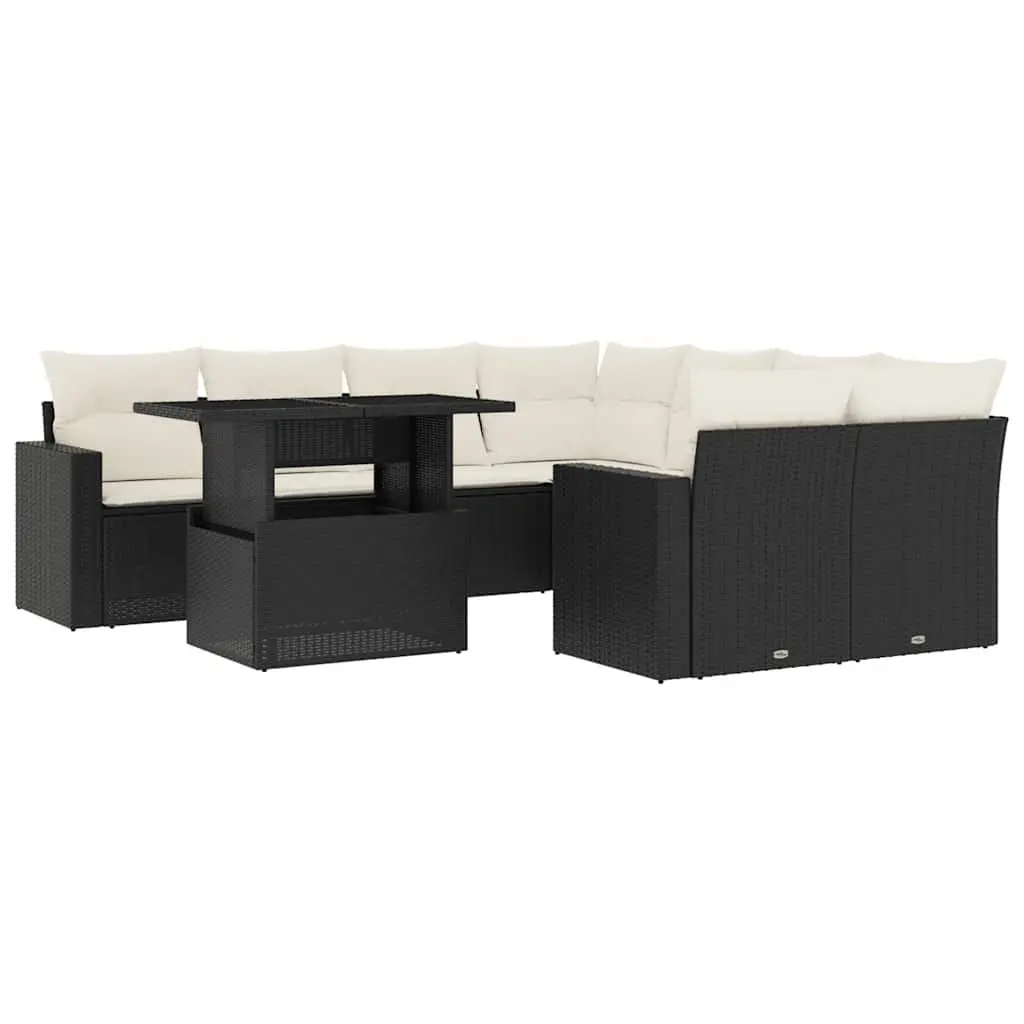 9 Piece Modular Outdoor Furniture Set Black Poly Rattan Garden Sofa with Adjustable Tabletop
