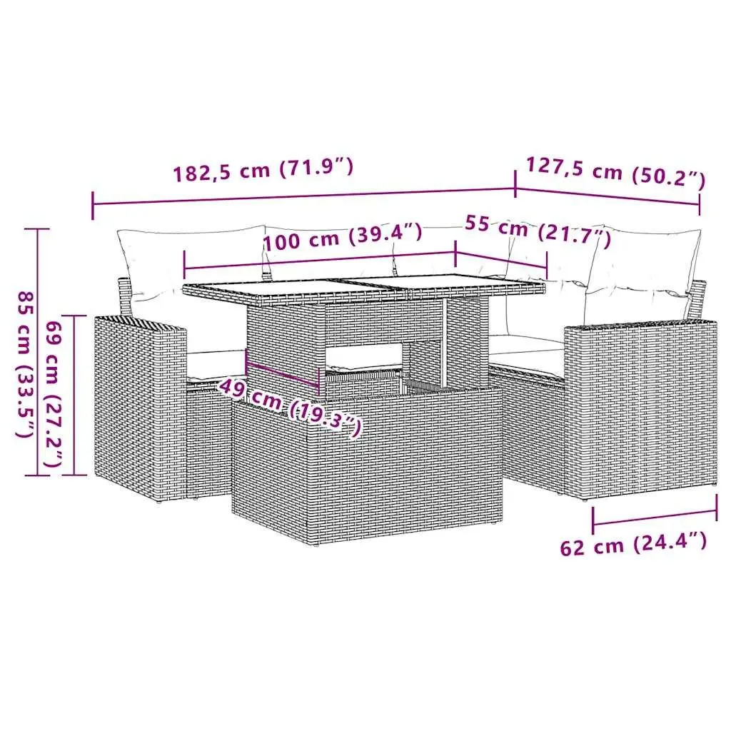 5 Piece Patio Lounge Set Modular Black PE Rattan Outdoor Furniture with Cushions Adjustable Table