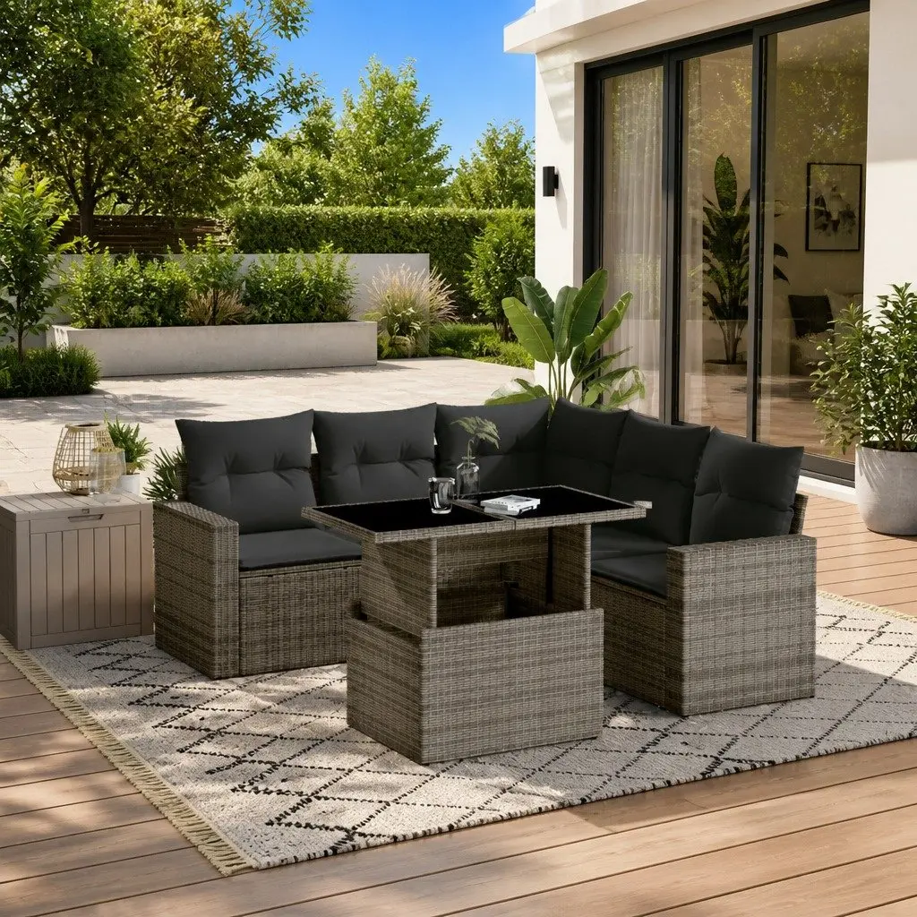 Garden Sofa Set PE Rattan 6 Piece Modular Outdoor Furniture Grey with Cushions