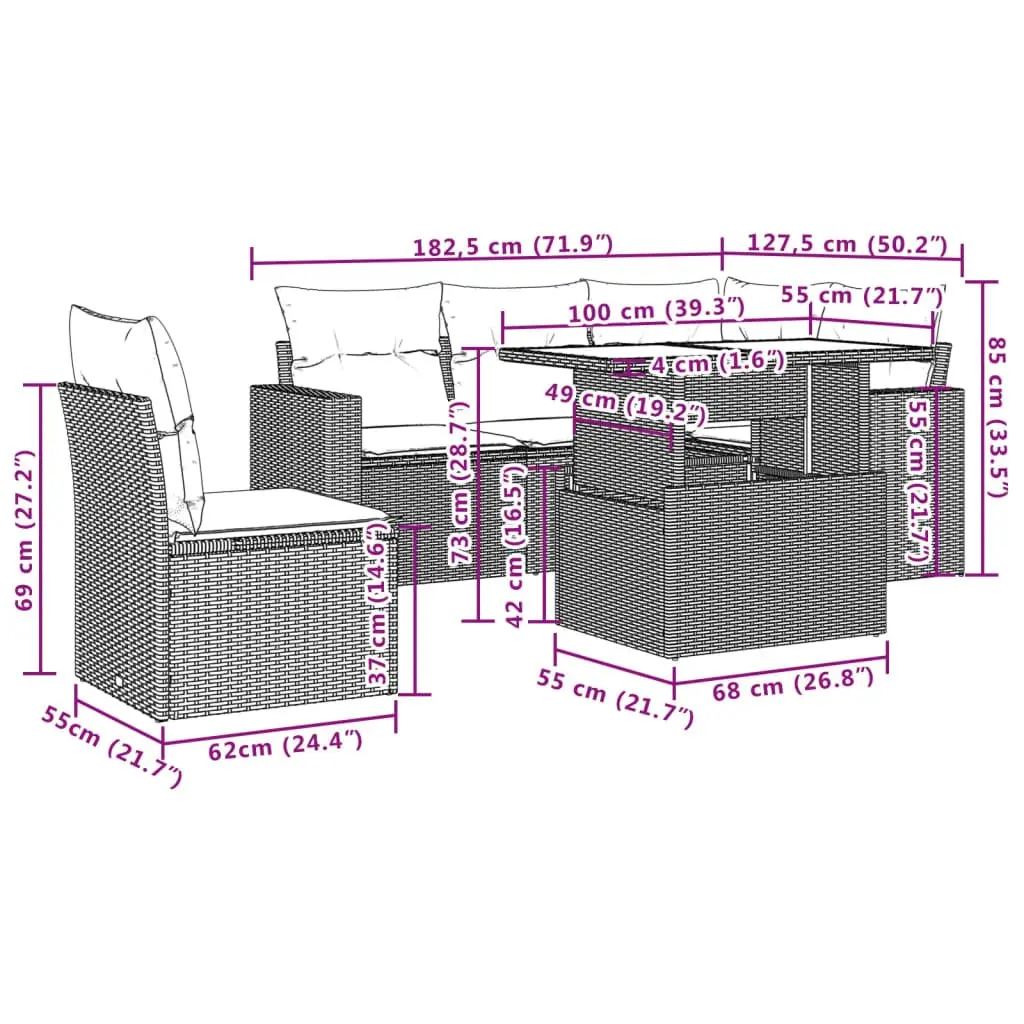 6 Piece Modular Outdoor Garden Sofa Set Grey PE Rattan Patio Furniture
