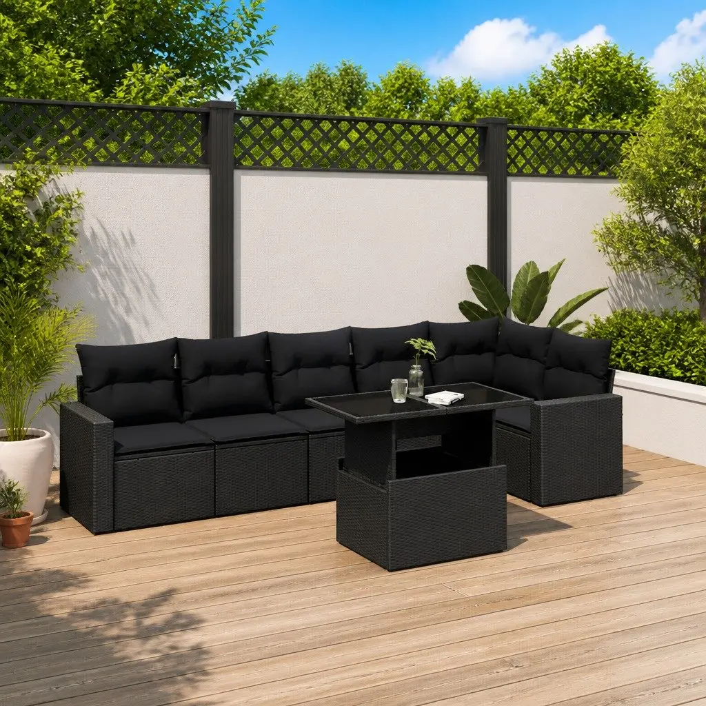 Garden Sofa Set 7 Piece Outdoor Furniture Black Poly Rattan Adjustable Table