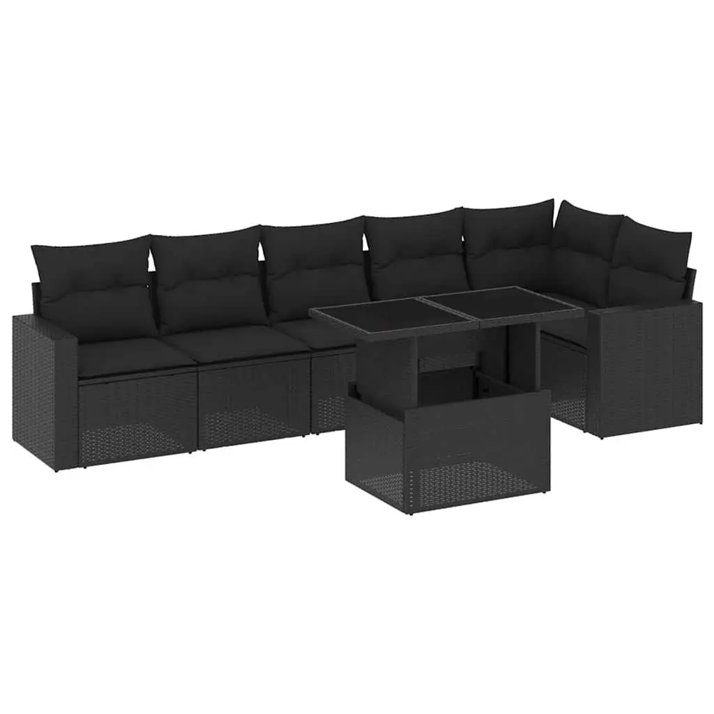 Garden Sofa Set 7 Piece Outdoor Furniture Black Poly Rattan Adjustable Table