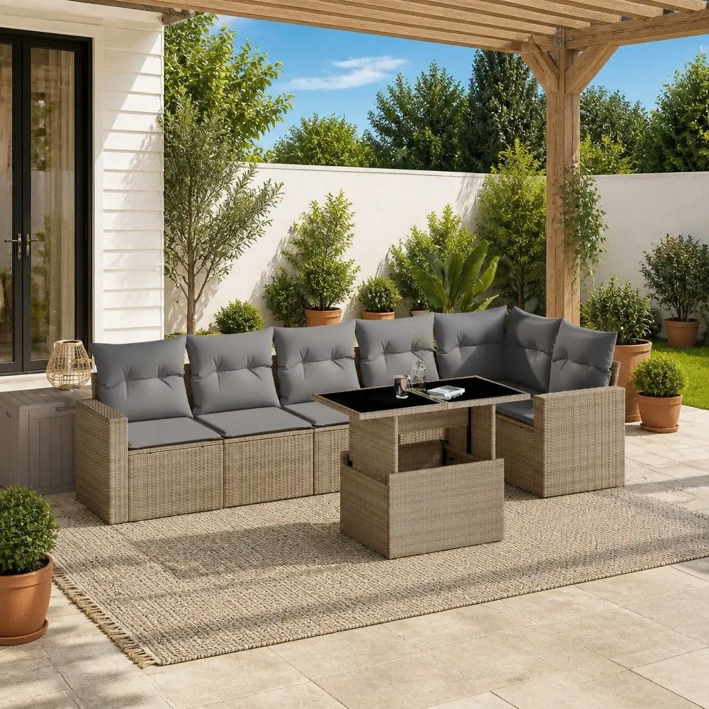 7 Piece Outdoor Garden Sofa Set Beige Poly Rattan Patio Furniture with Cushions
