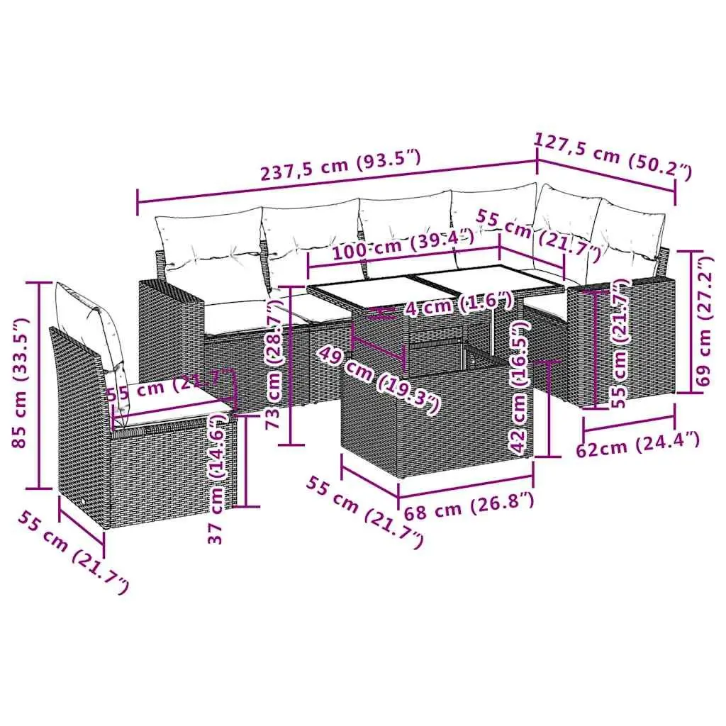 Garden Sofa Set PE Rattan 7 Piece Outdoor Furniture Modular Black