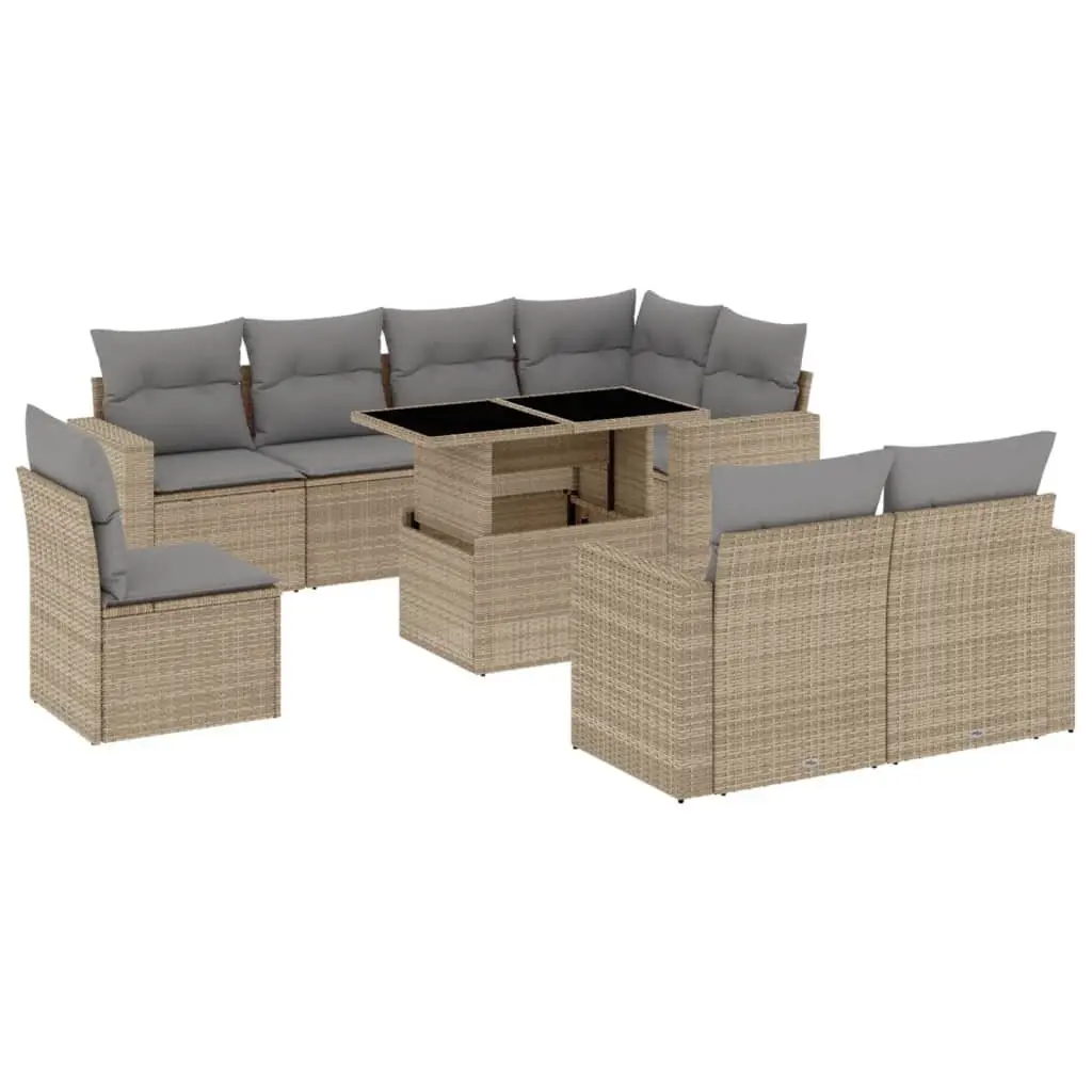Garden Sofa Set PE Rattan 9 Piece Outdoor Furniture Patio Lounge Beige