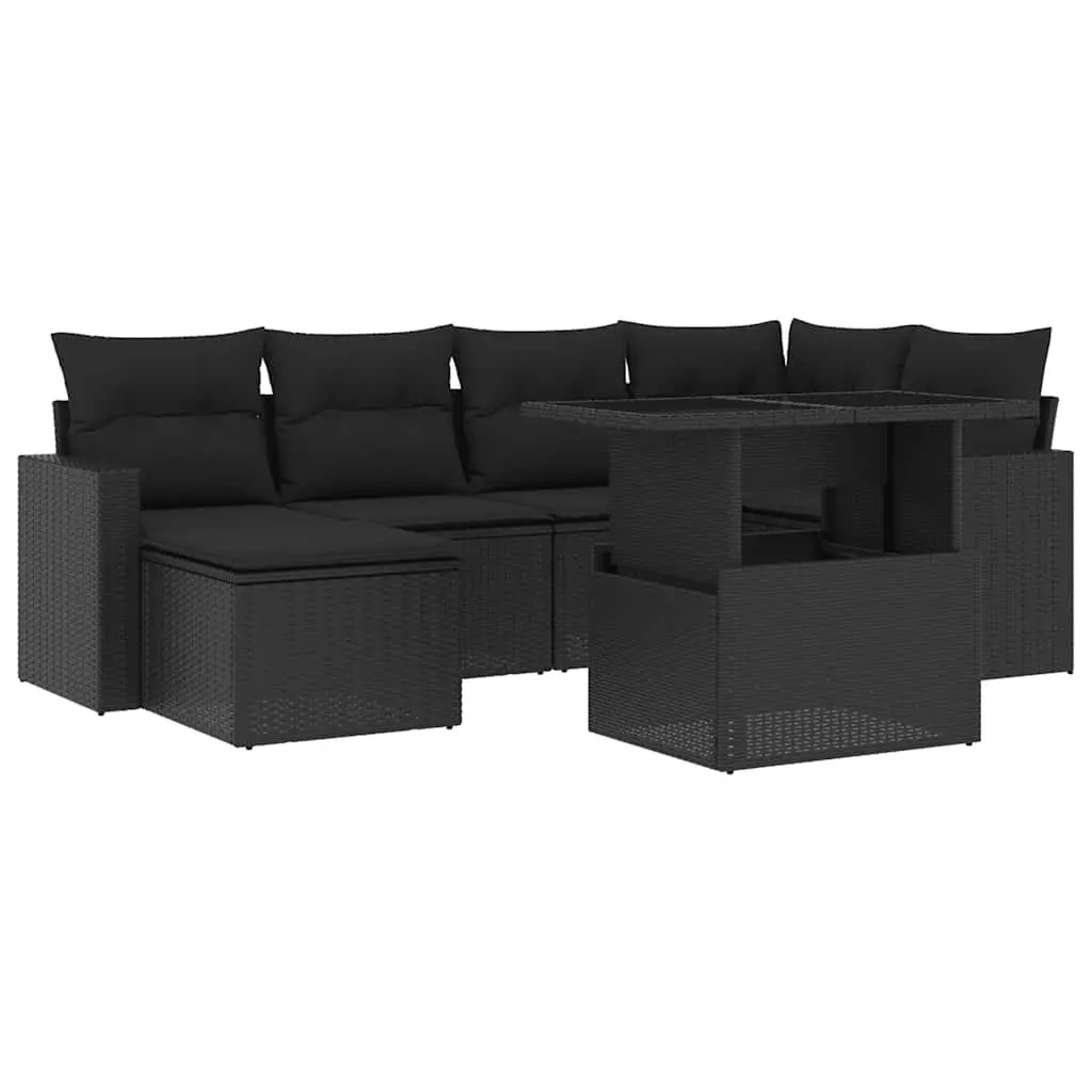 7 Piece Outdoor Garden Sofa Set PE Rattan Modular Black with Cushions