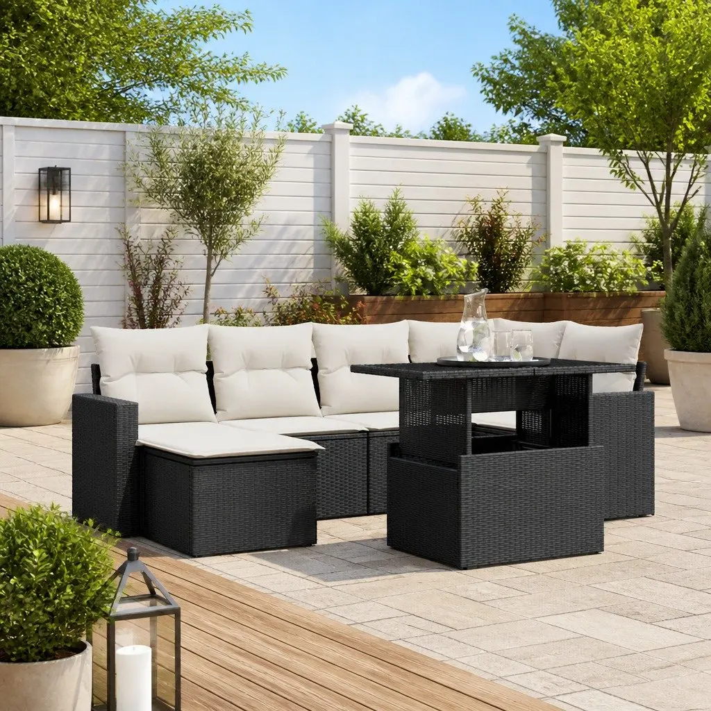7 Piece Garden Sofa Set PE Rattan Modular Outdoor Furniture Black with Cushions