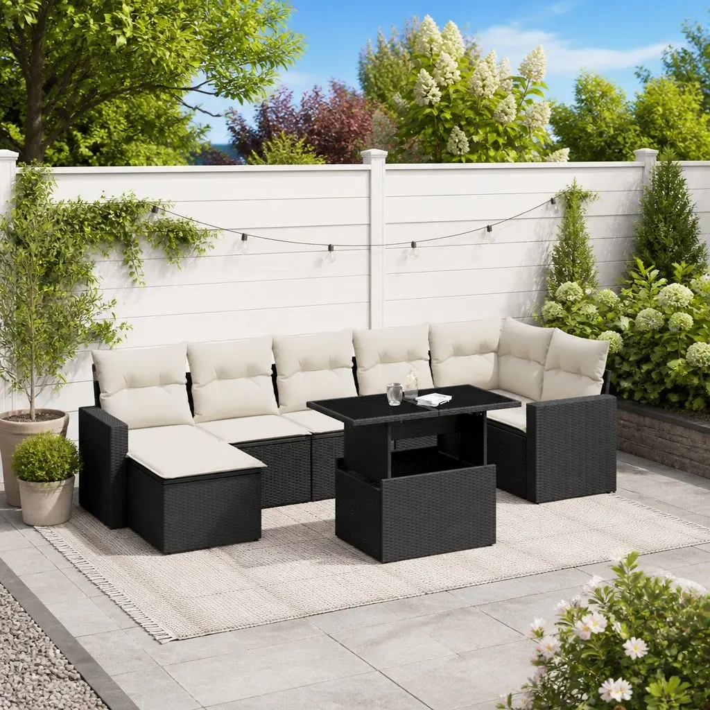8 Piece Outdoor Patio Furniture Sofa Set PE Rattan Black with Cushions