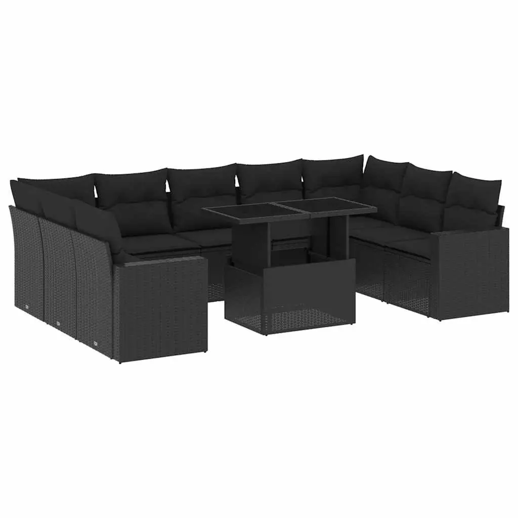 10 Piece Outdoor Sofa Set Black Poly Rattan Garden Furniture with Cushions Patio