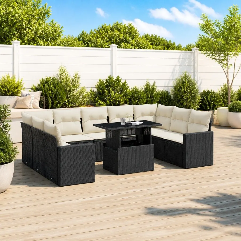 Modular Outdoor Furniture Set 10 Piece Black PE Rattan Sofa with Adjustable Table and Cushions