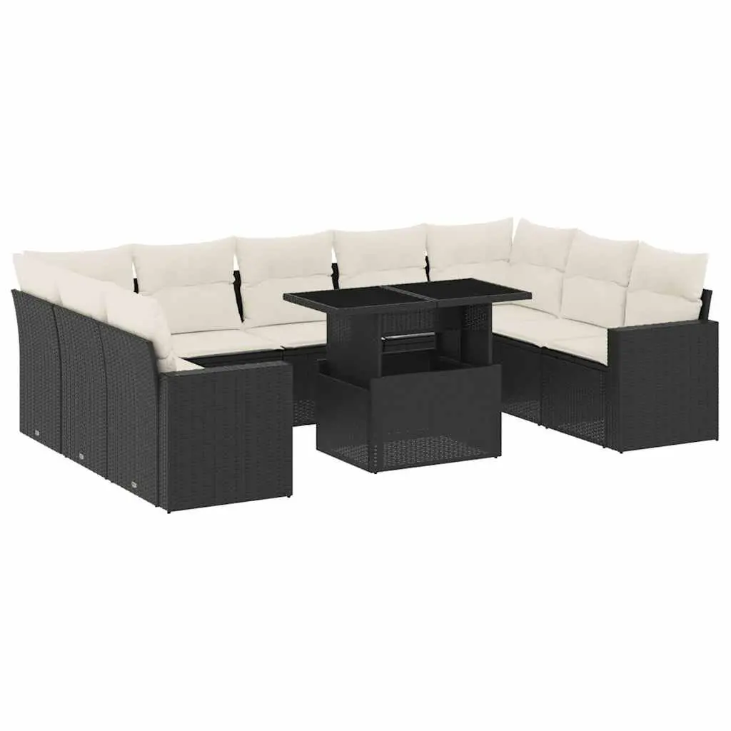 Modular Outdoor Furniture Set 10 Piece Black PE Rattan Sofa with Adjustable Table and Cushions