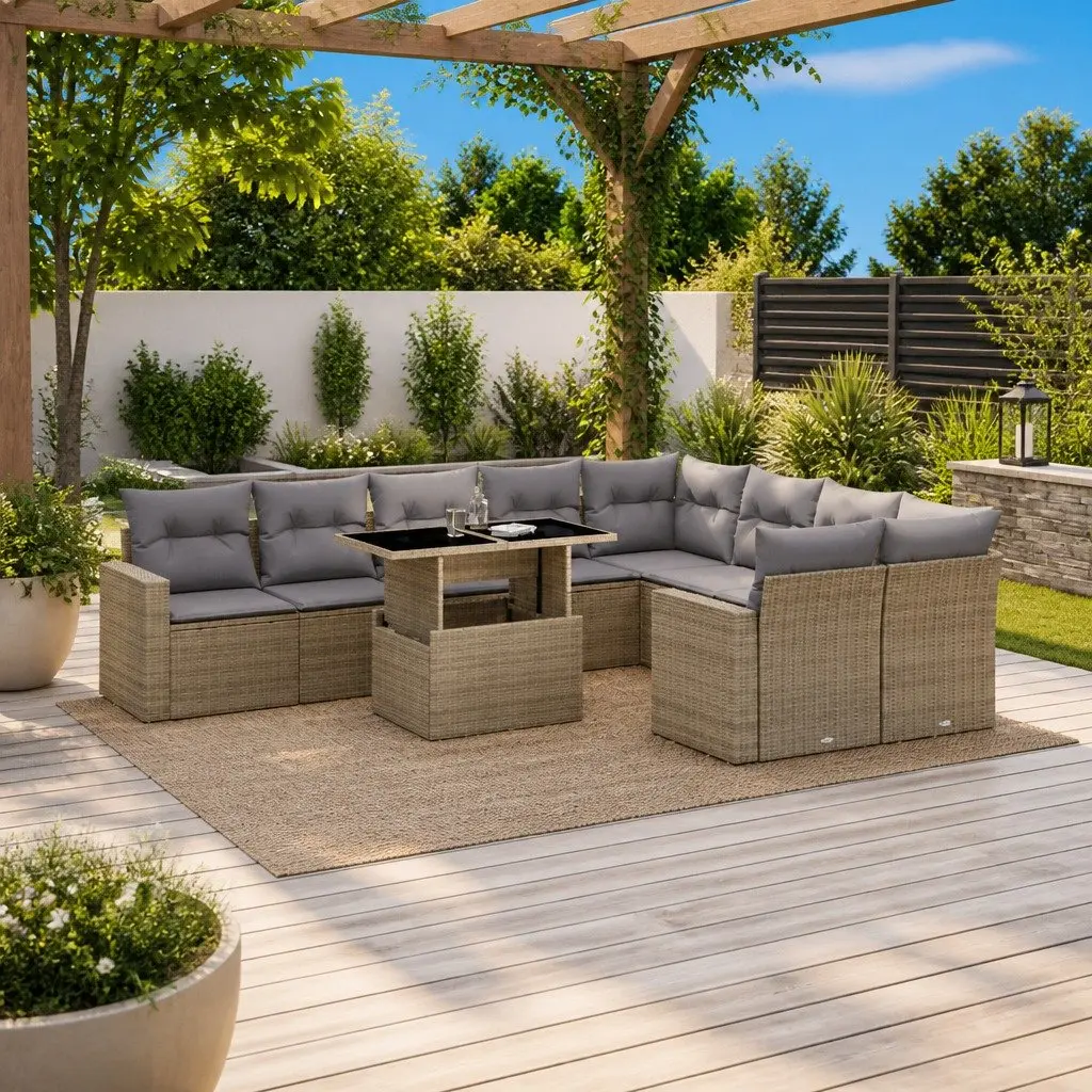 Outdoor Garden Sofa Set 10 Piece PE Rattan Beige Patio Furniture with Cushions