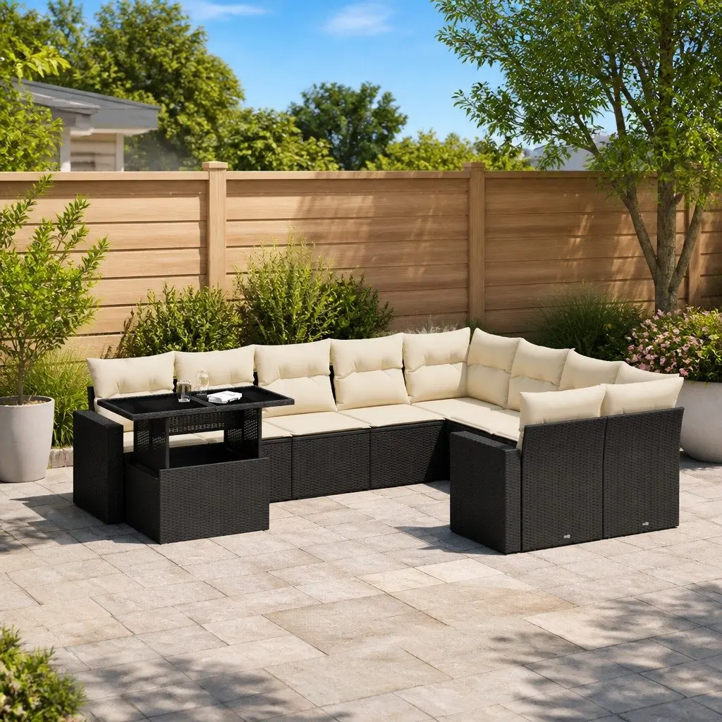 Modular Outdoor Furniture Set Black PE Rattan 10 Piece Garden Sofa with Adjustable Tabletop and Cushions