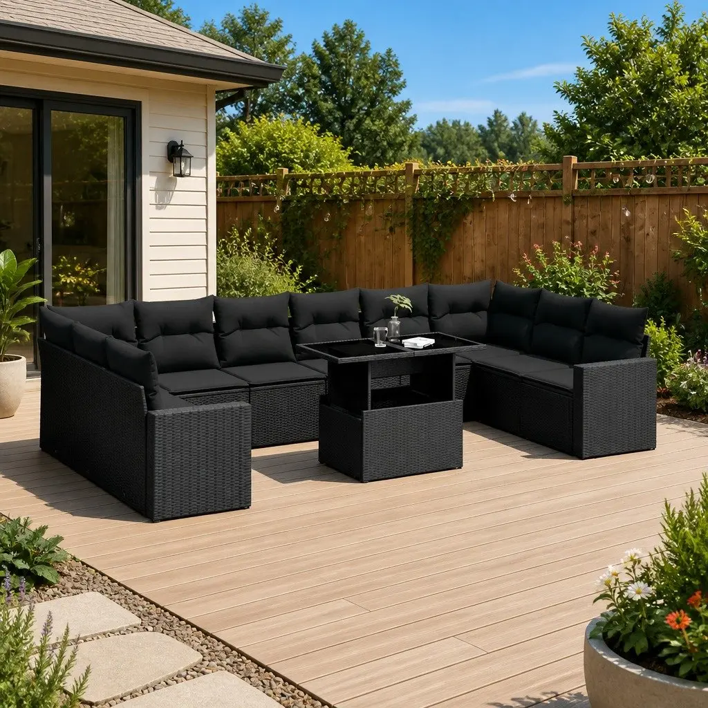 Outdoor Garden Sofa Set 11 Piece Black Poly Rattan Patio Furniture with Cushions