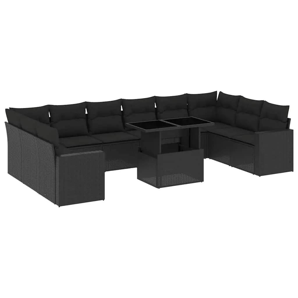 Outdoor Garden Sofa Set 11 Piece Black Poly Rattan Patio Furniture with Cushions